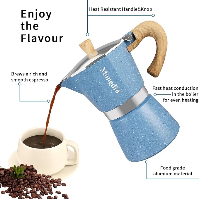Mongdio Stovetop Espresso Maker Moka Pot, Cuban Coffee Maker Stove top coffee maker Moka Italian Espresso Greca Coffee Maker Brewer Percolator, 9 Espresso Cups, 15 oz - Blue - Image 3