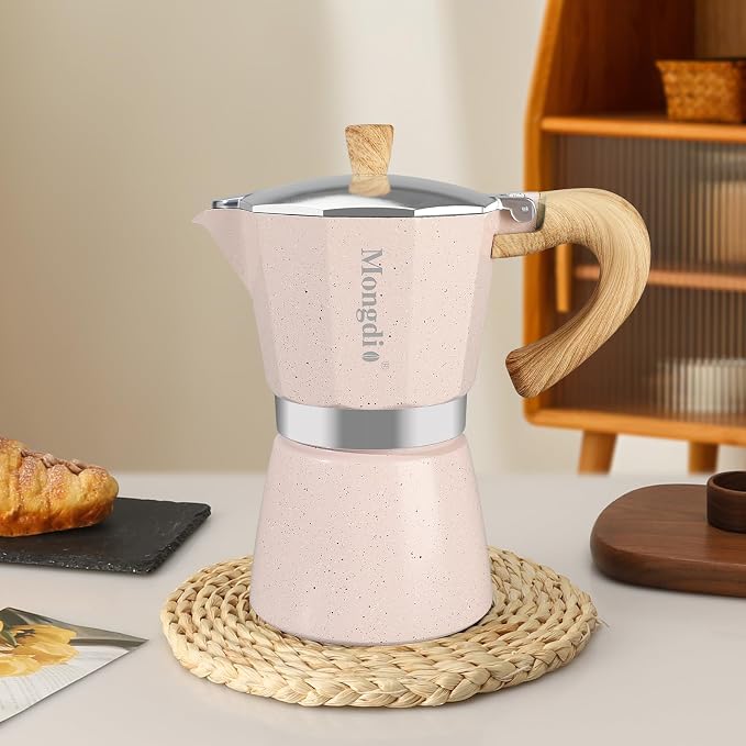 Mongdio Stovetop Espresso Maker Moka Pot, Cuban Coffee Maker Stove top coffee maker Moka Italian Espresso Greca Coffee Maker Brewer Percolator, 6 Espresso Cups, 10 oz - Pink - Image 8