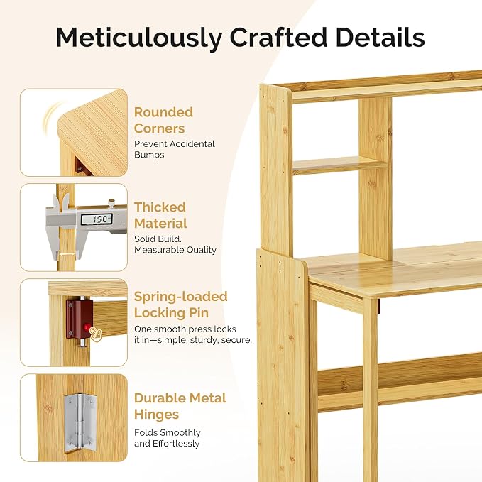 Folding Desk with Bookshelf, Compact Foldable Desk for Small Spaces,Natural | Bamboo Computer Desk with Storage Shelf, Space-Saving Home Office Desk with Hutch for Bedroom, Dorm, Apartment - Image 5