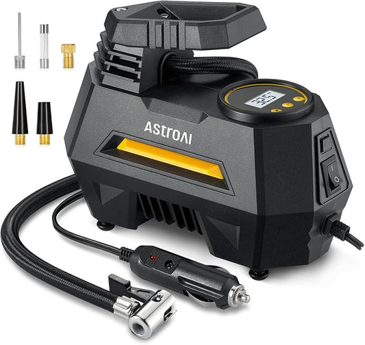 AstroAI AIRUN H1 Tire Inflator Portable Air Compressor,Fast Inflation Electric Air Pump for Car Tires-Car Accessory,9.8Ft Cord-12VDC-Powered Auto Shut-Off with Digital Pressure Gauge,LED Light,Yellow by AstroAI