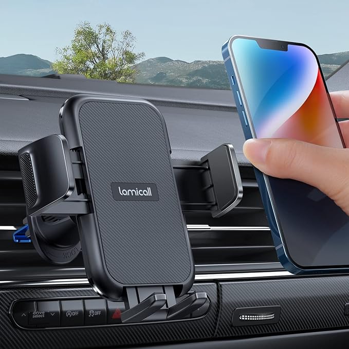 Lamicall 2026 Wider Clamp & Metal Hook Car Phone Holder Vent [Thick Cases Friendly] Phone Holders for Your Car Camera Mounts Automobile Hands Free Cradle Air Vent for iPhone 17 16 15 Pro Max Dark Grey by Lamicall