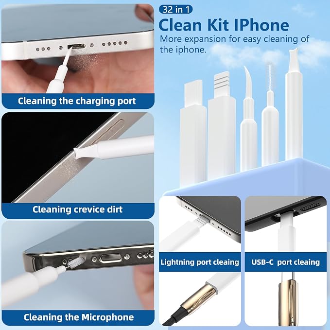 Inesore 32 in 1 Phone Cleaning Kit for iPhone AirPods MacBook Earbuds-White | 32 tools for iPhone, AirPods, iPad, MacBook, keyboards, earbuds and camera lens; charging port, speaker and screen cleaning - Image 2
