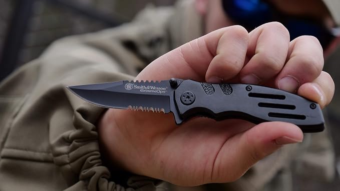 Smith & Wesson Accessories Extreme Ops SWA24S 7.1in S.S. Folding Knife with 3.1in Serrated Clip Point Blade and Aluminum Handle for Outdoor - Image 2