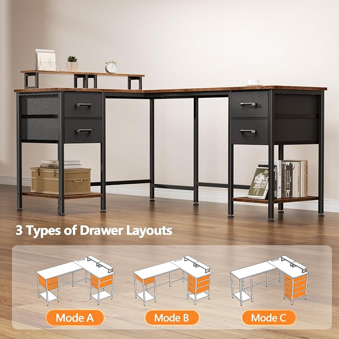 Korfile 59 inch L Shaped Computer Desk with Power Outlets, Rustic Brown | Ideal for Home Office, Bedroom, Corner, 4 Adjustable Storage Drawers, 2 Monitor Stands, Reversible, Two Person Gaming Table - Image 6