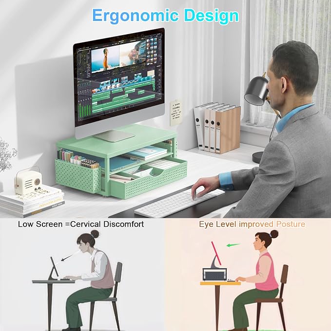 gianotter Desk Organizers and Accessories, Monitor Stand with Drawer and 2 Pen Holder, Desktop Organizer Suitable for Offices and Dormitories (Sage Green-Plain) - Image 2