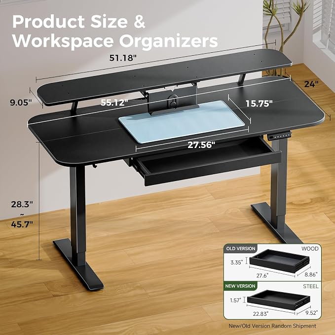 COMHOMA Electric Standing Desk with Drawers, 55 x 24 Inch Sit Stand up Desk with Monitor Stand, Laptop Stand, Height Adjustable Home Office Computer Desks with Memory Preset Controller (Black) - Image 2
