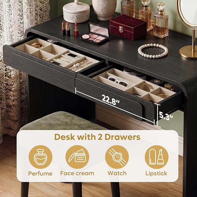 Bestier Computer Desk with 2 Drawers, 47 Inch Wood Home Office Desk, Writing Table with Curved Handles & Waterfall Rounded Edges, Cute Modern Desks for Bedroom Study Living Room, Black - Image 4