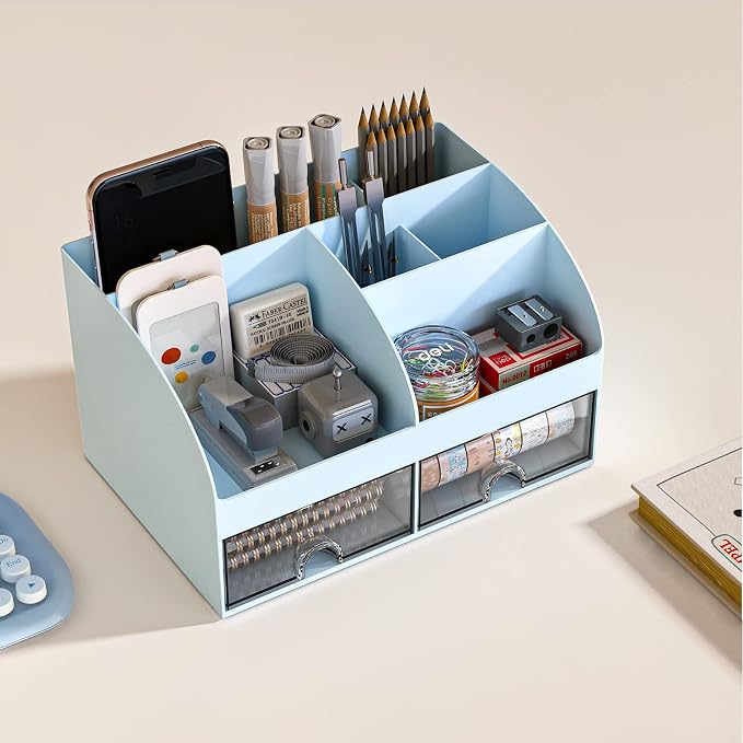 COMFYROOM Desk Organizer with 6 Compartments and 2 Drawers, Plastic Makeup Organizer, Pen Holder for Desktop Storage, Desk Organization for School, Home, Office Supplies (Blue) - Image 5