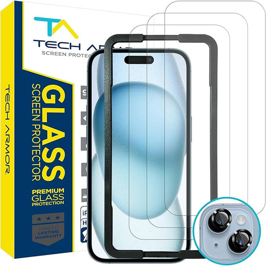 Tech Armor for Apple iPhone 15 Screen Protector Glass 6.1 inch - Ballistic Tempered, Case Friendly, Easy Install, Sensor Protection, HD, 9H Hardness, 3 Pack + Bonus Camera Lens Protectors by TechArmor