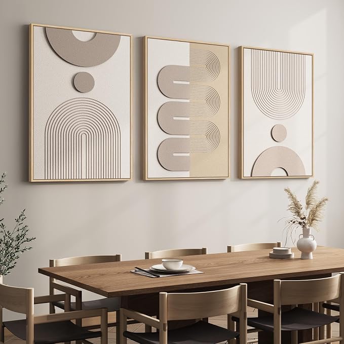 Large 3D Textured Framed Boho Neutral Abstract Wall Art for Living Room, 3 Piece Modern Paintings Artwork for Walls, Minimalist Beige White Geometric Pictures for Bedroom Hallway Office Wall Decor 24x36 In - Image 3