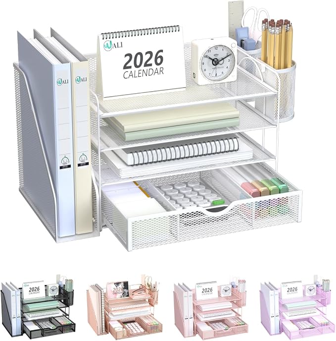 WALI Desk File Organizer, 4 Tier Desktop Paper Letter Tray Organizer with Drawer and 2 Pen Holders, Office Desk Accessories & Workspace Organizers for Office, Home Supplies(DO005DH-W), 1 Pack, White by WALI