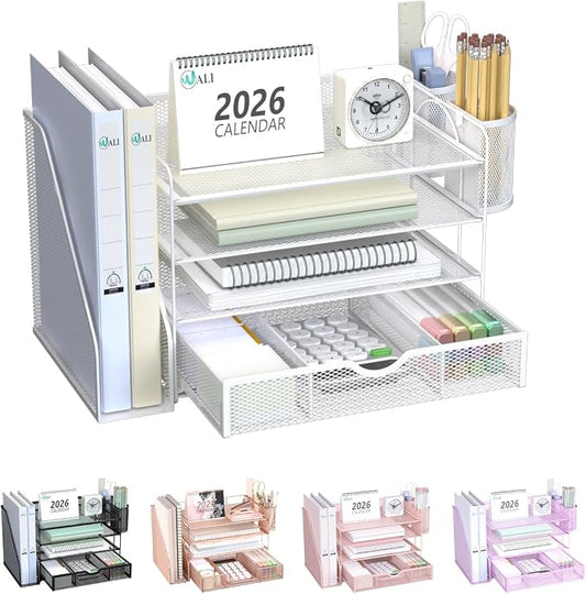 WALI Desk File Organizer, 4 Tier Desktop Paper Letter Tray Organizer with Drawer and 2 Pen Holders, Office Desk Accessories & Workspace Organizers for Office, Home Supplies(DO005DH-W), 1 Pack, White by WALI