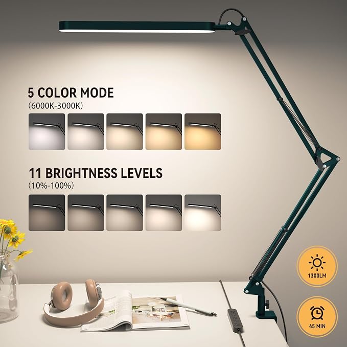 SKYLEO Desk Lamp - LED Desk Light - 5 Color Modes X 11 Brightness Levels - Adjustable Swing Arm - Timmer & Memory Function - 12W Lamp for Desk - Green - Image 2