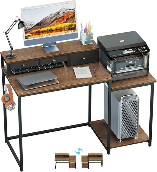 SINPAID 47 inch Computer Desk with Printer Shelf, Gaming Desk with Monitor Stand and Drawers, Reversible Home Office Desk with Storage Shelves and 2 Hooks, Home Workstation for Study Writing, Walnut by SINPAID