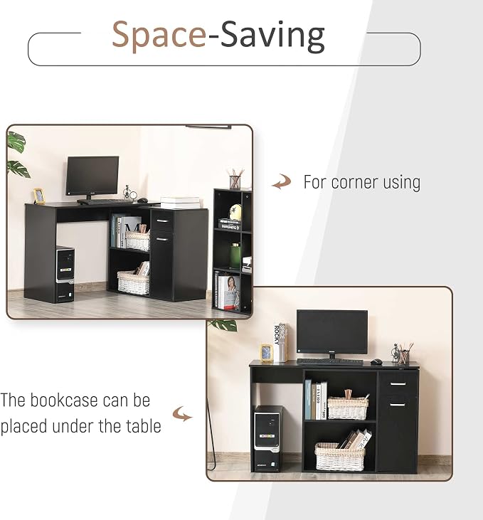HOMCOM L Shaped Computer Desk 180° Rotating 47.25"x19.75"x 53.75", Black | Corner Desk, Storage Shelves, Drawer, Cabinet, Study Workstation, for Home Office - Image 4