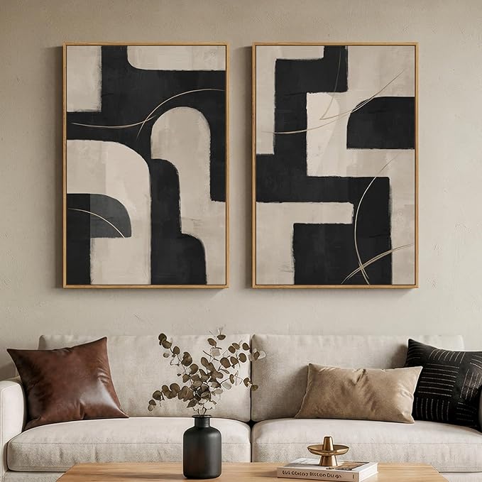 Large Framed Modern Neutral Abstract Wall Art, Set of 2 Minimalist Black and Beige Canvas Prints Paintings Artwork for Walls, Geometric Pictures for Living Room Hallway Bedroom Wall Decor 24x36 In by Cuspin