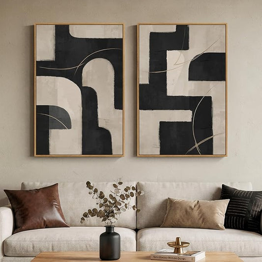 Large Framed Modern Neutral Abstract Wall Art, Set of 2 Minimalist Black and Beige Canvas Prints Paintings Artwork for Walls, Geometric Pictures for Living Room Hallway Bedroom Wall Decor 24x36 In by Cuspin