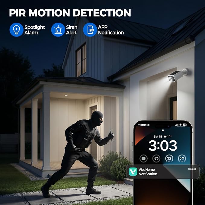 AlkiVision Solar Security Cameras Wireless Outdoor - 2K Night Color Vision Cameras for Home Security, AI Motion Detection, 360° View, Spotlight, 2-Way Audio, Siren, IP67 Waterproof, SD/Cloud Storage - Image 3