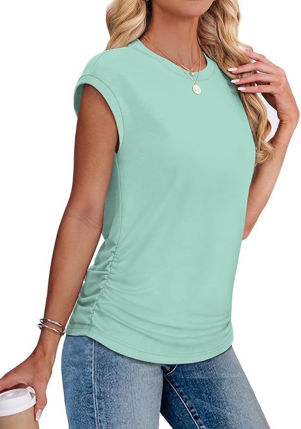 Sampeel Womens Summer Tops Trendy 2026 Ruched Cap Short Sleeve Tshirts Shirts Crew Neck T Shirts Fashion - Image 4