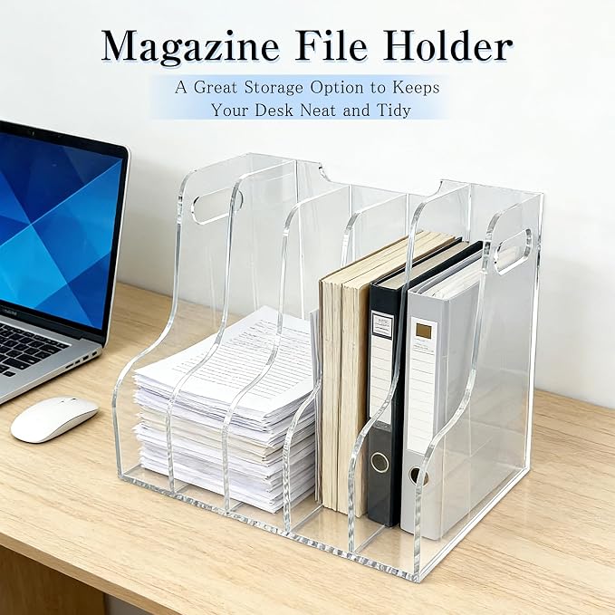 5-Tier Clear Acrylic File Holder, Vertical Document Organizer for Magazines, Binders, Notebooks & Envelopes - Multi-Purpose Desk Storage for Home Office（A4,5 Sections） - Image 4