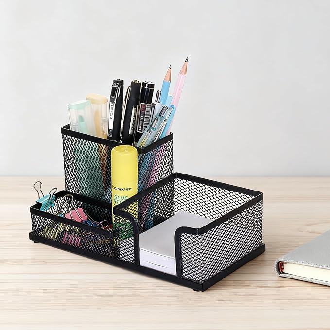 Comix Mesh Pen Holder, Desk Organizer for Home Office, Black | 3 Compartment Pencil Holder, Sticky Notes Holder, Pen Organizer Office Supplies - Image 9