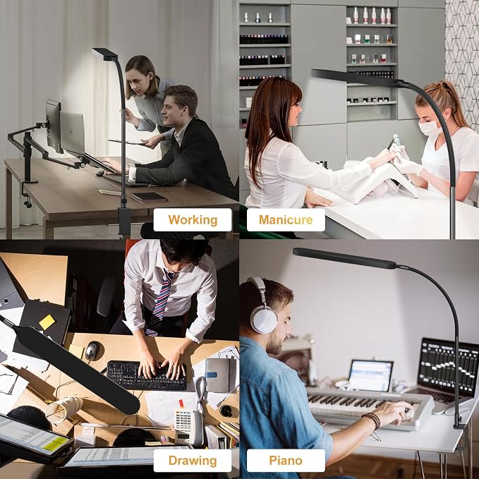 SKYLEO Led Desk Lamp - Desk Light for 33.5" Tall - Flexible Gooseneck - 5 Color Modes X 11 Brightness Levels - 1300LM - Timmer & Memory Function - 12W Clip on Light - Black - Image 6