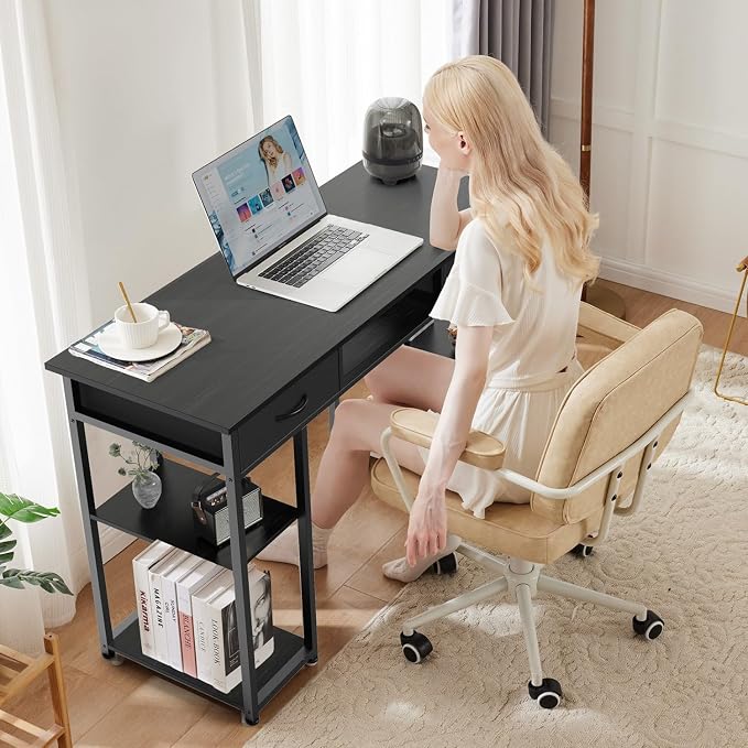 47 Inch Computer Desk with 2 Drawers, Home Office Desk with Wooden Shelves, Study Writing PC Table for Small Spaces, Bedroom, Dorm or Living Room, Black - Image 2