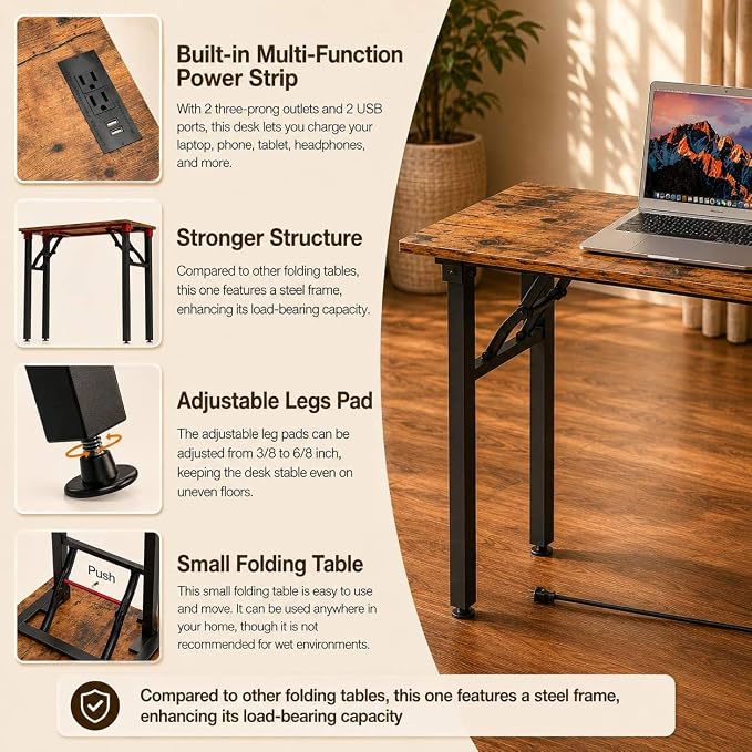 Folding Table Computer Desk - 43.3" No Assembly Folding Desk with Power Outlets & USB Charging Port, Small Desk, Foldable Office Desk, Compact Storage Portable Use for Small Space, Rustic Brown - Image 8