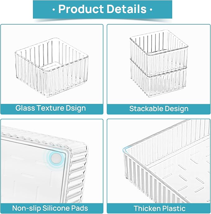 Vtopmart 7 PCS Clear Makeup Drawer Organizers Bins, 4-Size Stackable Makeup and Vanity Organizer Trays, Acrylic Bathroom Storage Containers for Cosmetic, Toiletries, Office Supply, Utensils, Gadgets - Image 8
