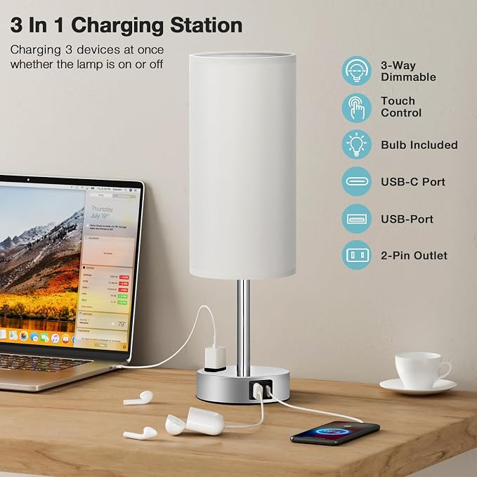 Fenmzee Light Grey Table Lamp for Nightstand - 3 Way Dimmable Touch Bedside Lamp USB C and A Charging Ports and AC Outlet, Small Desk Lamp with Silver Base for Office Nursery, LED Bulb Included - Image 3