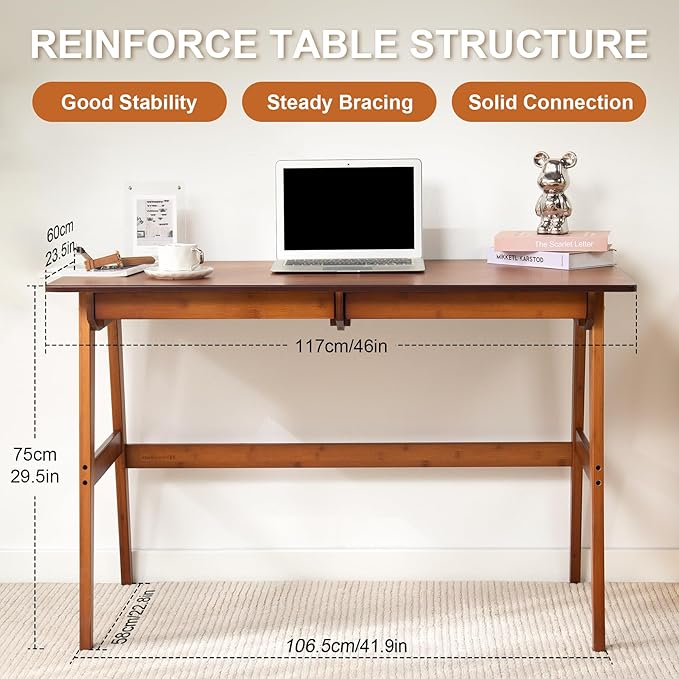 Nnewvante 46" Bamboo Writing Desk with Drawers for Home Office, Brown | Work Study Laptop Table, Computer Desk with Storage for Bedroom, Modern Simple Style - Image 2