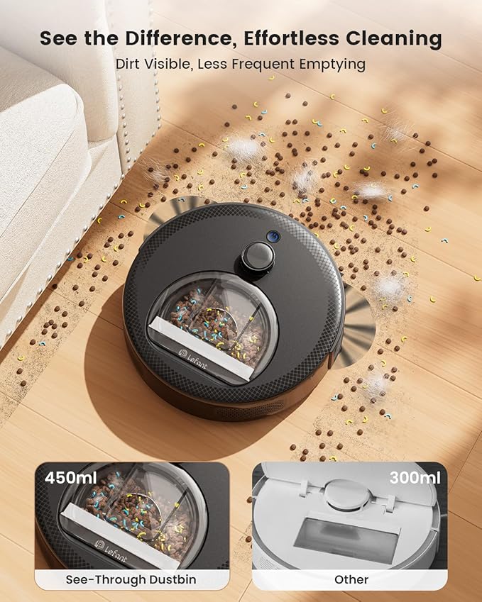 Lefant Robot Vacuum and Mop, 450ml Visible Dustbin, Upgraded 190° PSD Obstacle Avoidance, Customized Cleaning, Multi-Floor Mapping, 150 Mins Runtime, 2.4G/5G WiFi, Pet Hair & Carpets, M330 Pro - Image 6