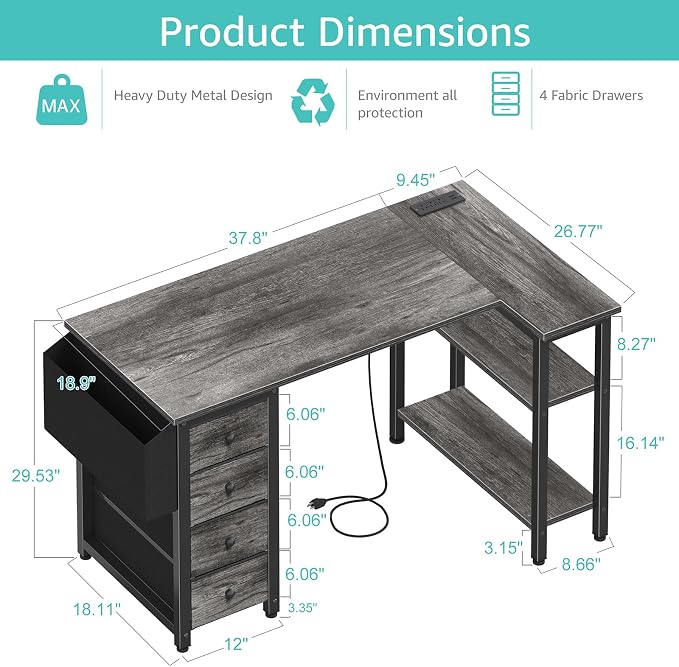 Lufeiya L Shaped Computer Desk with Drawers & Storage Shelves, 47 Inch Small Corner Desk with Power Outlet for Home Office Bedroom, L-Shaped Gaming PC Desks with Fabric Drawer, Gray - Image 3
