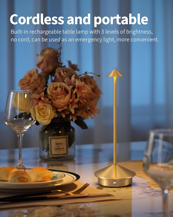 Modern Cordless Table Lamp Set of 2, Gold Portable LED Desk Lamps | 5000mAh, Rechargeable, Battery Operated Lighting for Bedroom, Dining Room, Restaurant, Coffee Shop, Camping, Night Light - Image 2