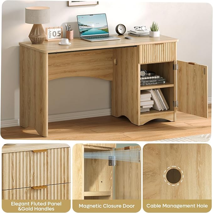 Bestier 47 inch Fluted Computer Desk with Drawer, Office Desk with File Cabinet, Modern Wood Desk with Storage Cabinet for Home Office Bedroom Study, Natural Oak - Image 3