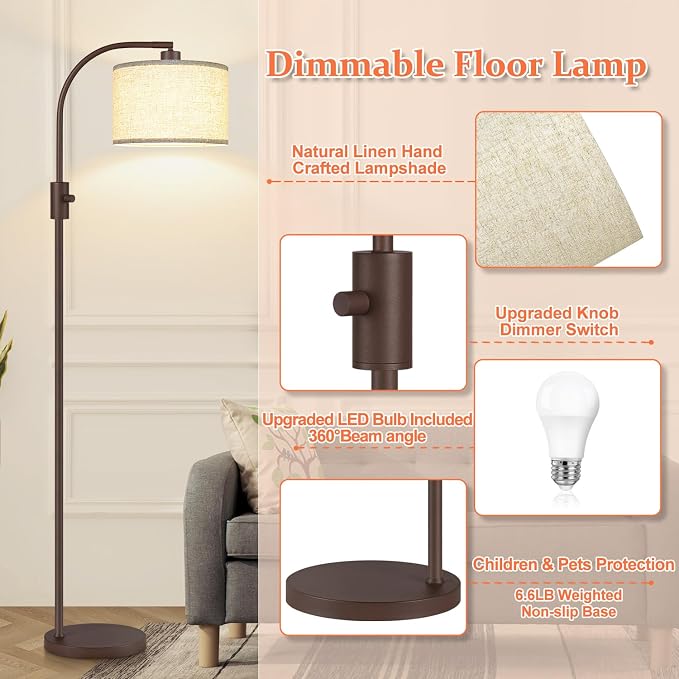 Nintiue Upgraded Modern Arc Dimmable Tall Standing Floor Lamp with Linen Shade, 1200 Lumens LED Bulb Included, for Living & Reading Room, Bedroom, Office & Nursery, Matte Brown - Image 4