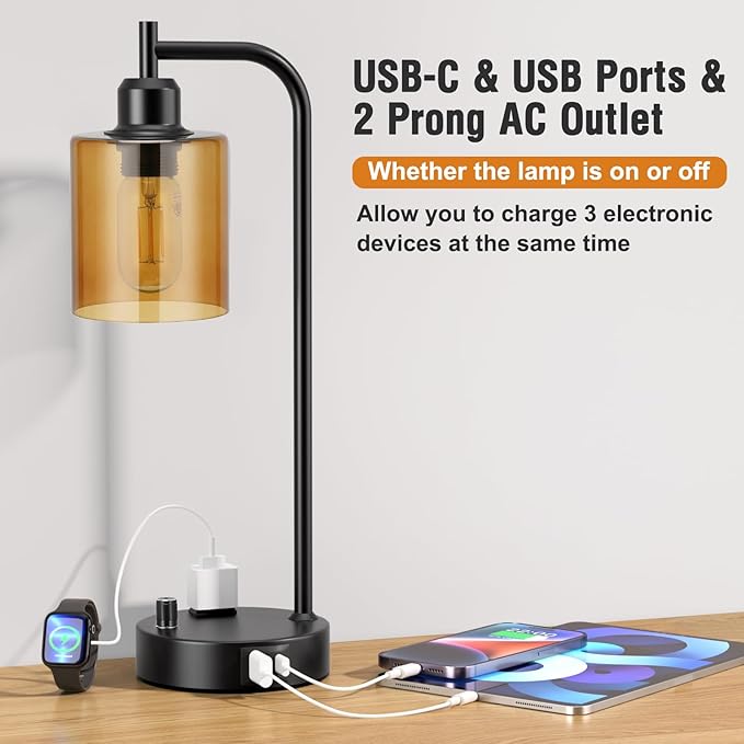 Industrial Bedside Lamps for Nightstand Set of 2 - Fully Dimmable Bedroom Lamps with USB A C Ports and Outlet, Black Table Lamps with Amber Glass Shade for Living Room, Desk Lamps for Office Reading - Image 4