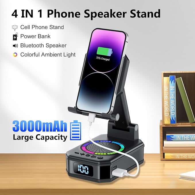 Gifts for Men Women, Cell Phone Stand with Wireless Bluetooth Speaker and Colorful LED Lights, 4-in-1 Multifunctional Phone Holder Support Fast Charging, Adjustable Desktop Stand, Best Gifts - Image 2