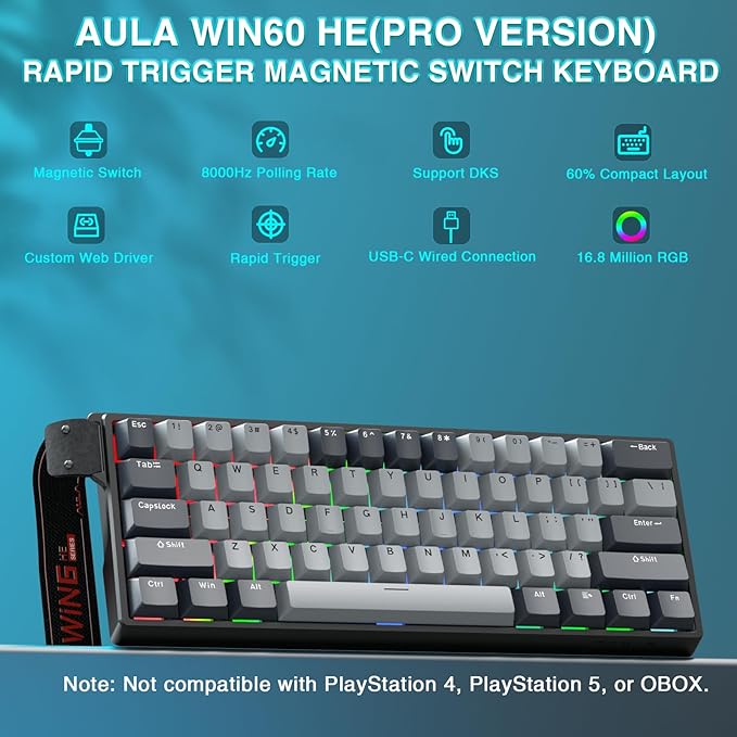 AULA WIN60 HE PRO 60% Mechanical Gaming Keyboard Wired, Magnetic Switch Hot Swappable, Adjustable Actuation Rapid Trigger Mode, 8000Hz Polling Rate, RGB Small Keyboard 60 Percent Compact Design for PC - Image 2