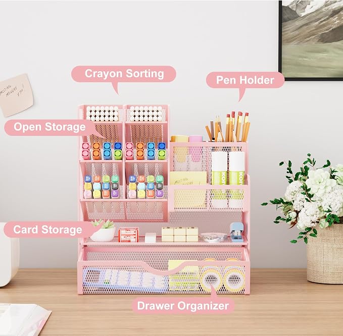 Marbrasse Mesh Desk Organizer with Drawer, Multi-Functional Pencil Organizer, 12 Compartments, Pink, Modern, Minimalist - Image 2