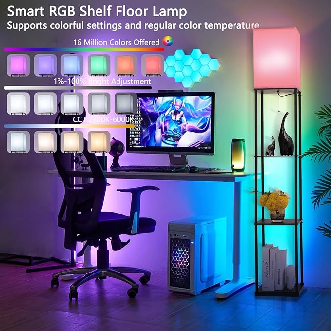 Gupuzm Floor Lamp with Shelves, with Modern Square Standing Lamp with Smart APP Control RGB Bulb, Corner Display Bookshelf Lamp for Living Room, Bedroom and Office (black-9RGB) - Image 2