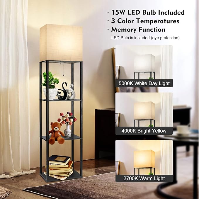 RUNTOP Plus Floor Lamp with Shelves, Shelf Lamp with 15W LED Bulb, 3 Colors, Memory Function, Wide Display Shelf for Collectibles Storge, Floor Lamps for Living Room, Standing Lamp for Bedroom - Image 4
