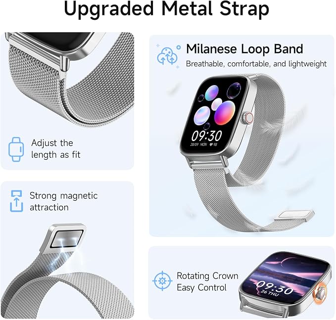 Smart Watch for Men Women, 1.85" HD Smartwatch Compatible iPhone/Samsung/Android (Answer/Make Calls), 100+ Sport Modes Fitness Tracker with Heart Rate/Sleep/SpO2 Monitor, IP68 Waterproof, Metal Band - Image 8