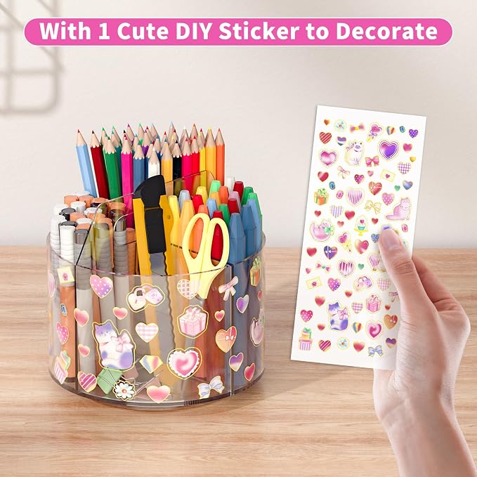 Acrylic Pencil Organizer for Desk Crayon Organizer with Adhesive Sticker | Rotating Art Supply Organizer with Kawaii Sticker, Spinning Marker Holder Organizer for Kids Small Lazy Susan with 4 Dividers - Image 2
