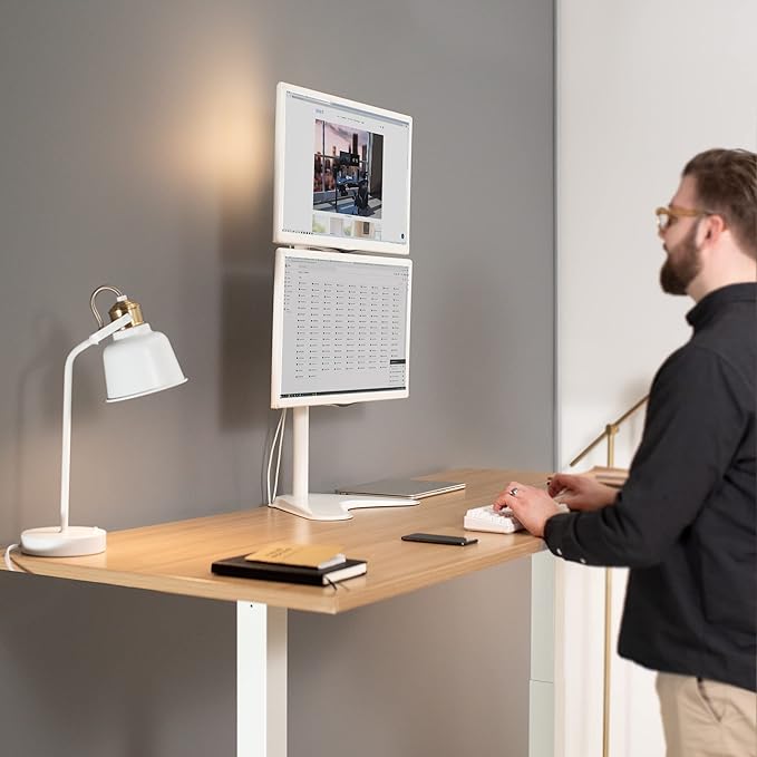 VIVO Dual Monitor Desk Stand Free-Standing LCD Mount, Holds in Stacked Vertical Position 2 Ultrawide Screens up to 34 inches, White, STAND-V002LW - Image 6