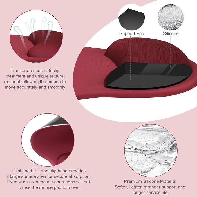 MOSISO Wrist Rest Support for Mouse Pad&Keyboard Set, Wine Red | Circle Curved Ergonomic Mousepad Non-Slip Base Home/Office Pain Relief&Easy Typing Pad with Soft Cloth&Silicone Lining - Image 2