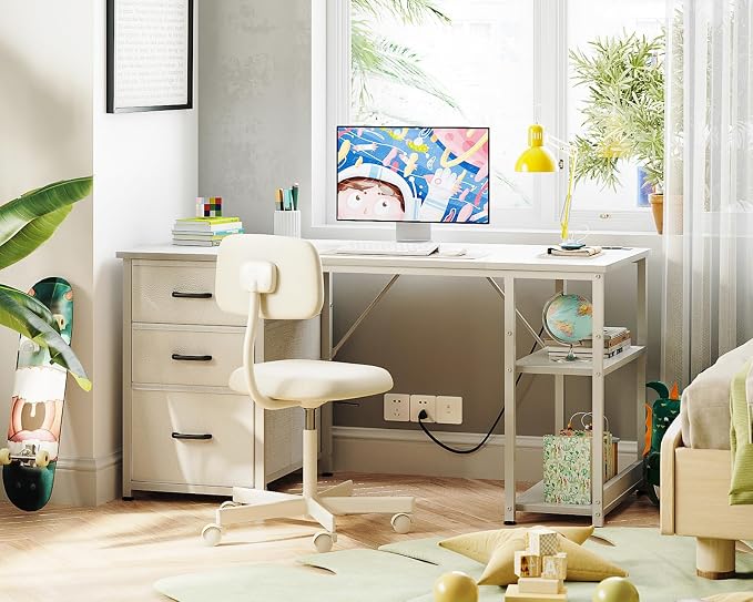 AODK 51 Inch White Computer Desk with Drawers & USB Power Outlets | Reversible Home Office Desk with Storage Shelves, Work from Home, Modern Work/Writing/Study Table for Bedroom, White - Image 7