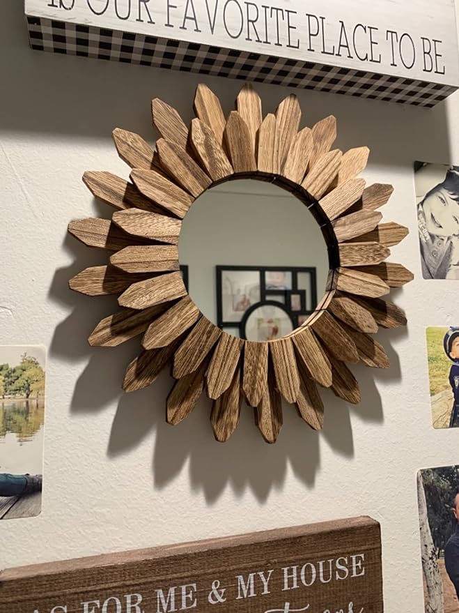 Honiway Wall Mirror Decorative 12 inch Rustic Wood Mirror Sunburst Boho Mirror for Entryway Bedroom Living Room Bathroom House Warming Gifts New Home Essential Carbonized Black - Image 4