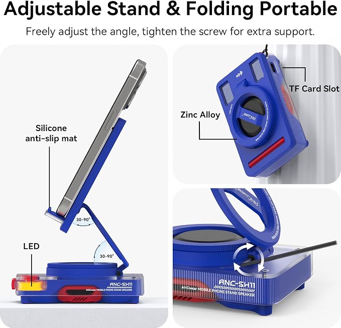 ANCwear Bluetooth Speaker Phone Stand for Desk, Portable Wireless Speaker with Adjustable Cell Phone Holder, Bluetooth 5.4 Audio Stand with TF Card Slot for Kitchen Bedside, Cool Tech Gift (Blue) - Image 2
