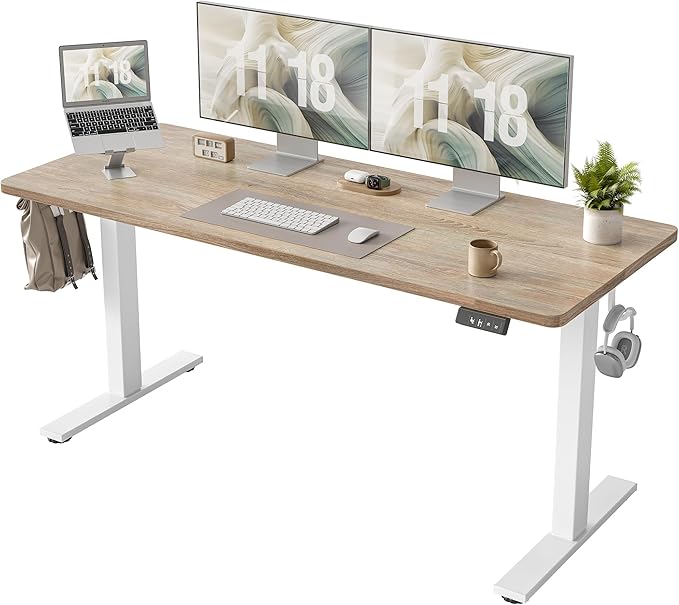 TIQLAB Standing Desk 63 x 24 inch, Electric Height Adjustable Desk with Splice Board, Sit Stand Desk Computer Table for Home Office, White Frame/Maple Top by TIQLAB
